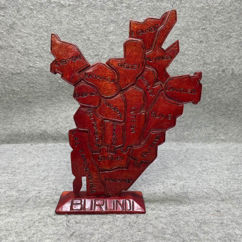 Handcrafted Burundi Map Wood Carving Sculpture Red Wooden African Folk Art Decor